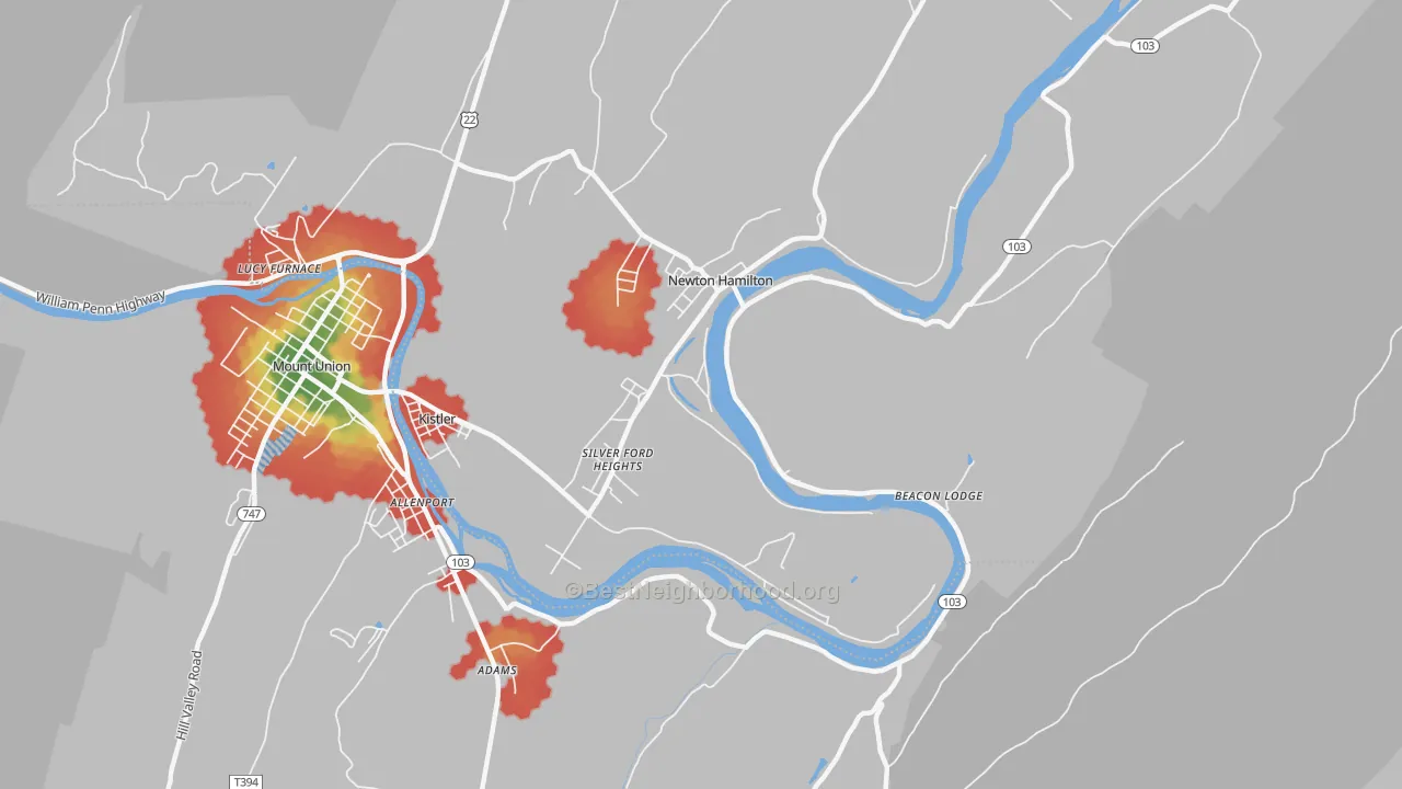 Walk Grade map of Silver Ford Heights, PA, walkable areas in green and car-dependent areas in red