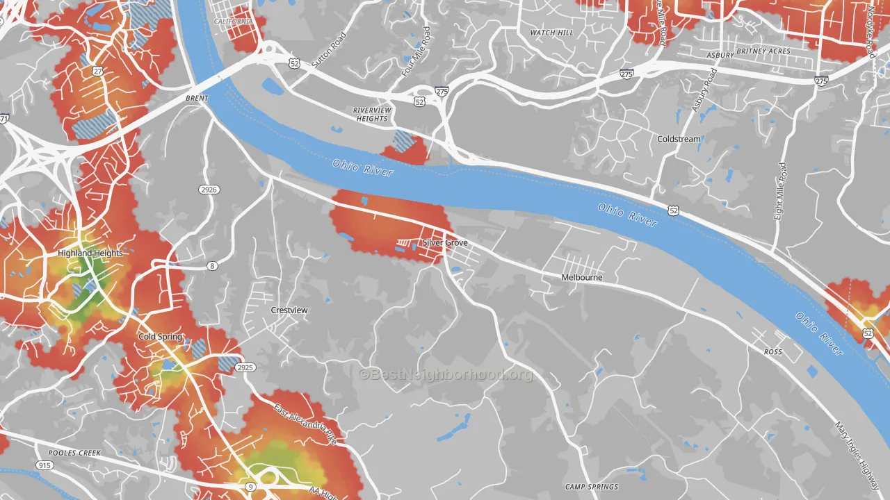 Walk Grade map of Silver Grove, KY, walkable areas in green and car-dependent areas in red