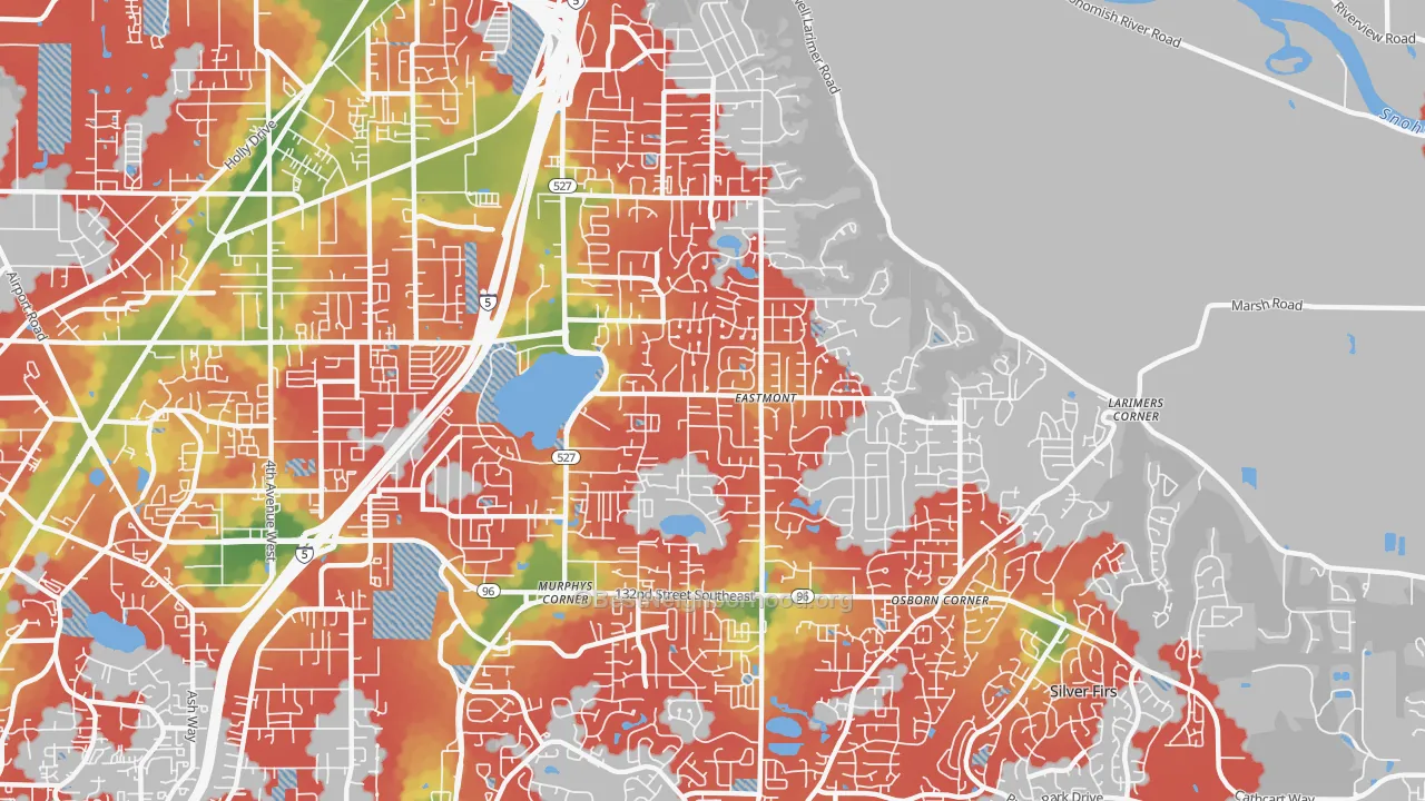 Walk Grade map of Silver Lake, Eastmont, WA, walkable areas in green and car-dependent areas in red