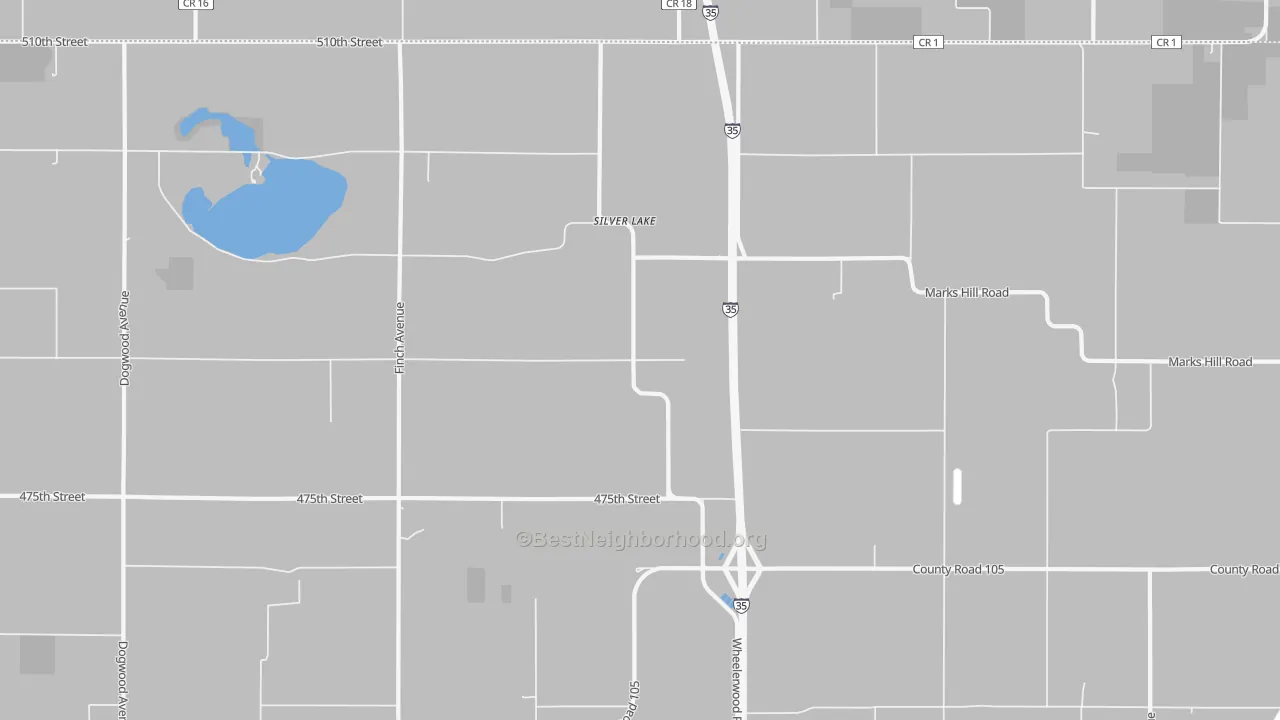 Walk Grade map of Silver Lake, IA, walkable areas in green and car-dependent areas in red