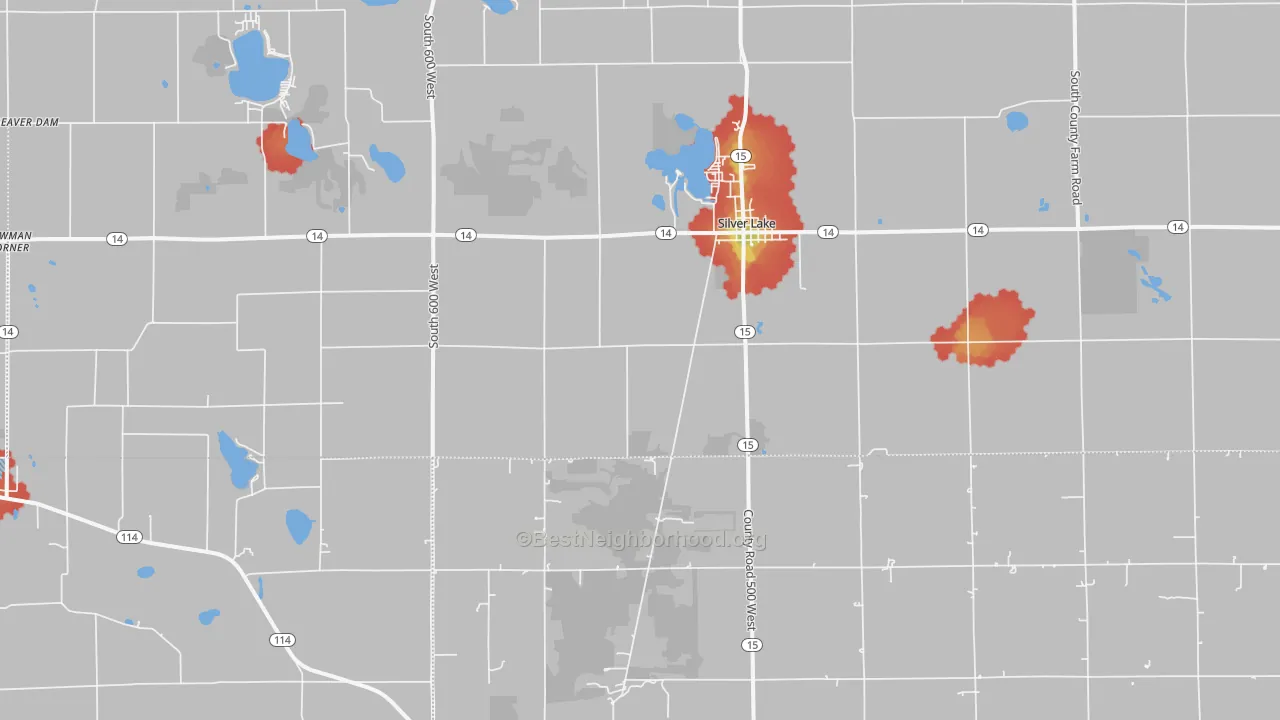 Walk Grade map of Silver Lake, IN, walkable areas in green and car-dependent areas in red