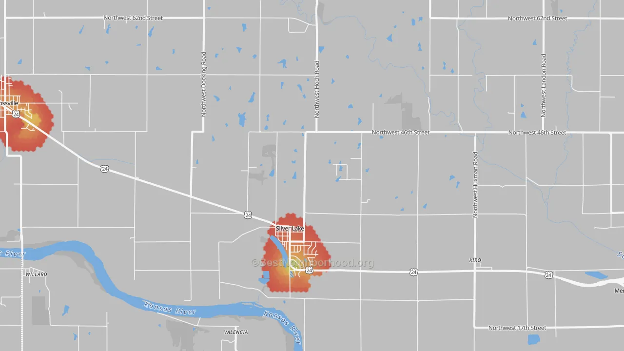 Walk Grade map of Silver Lake, KS, walkable areas in green and car-dependent areas in red