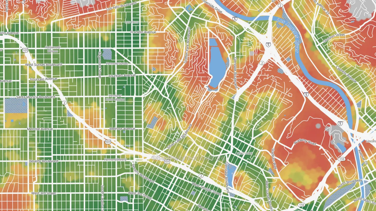 Walk Grade map of Silver Lake, Los Angeles, CA, walkable areas in green and car-dependent areas in red