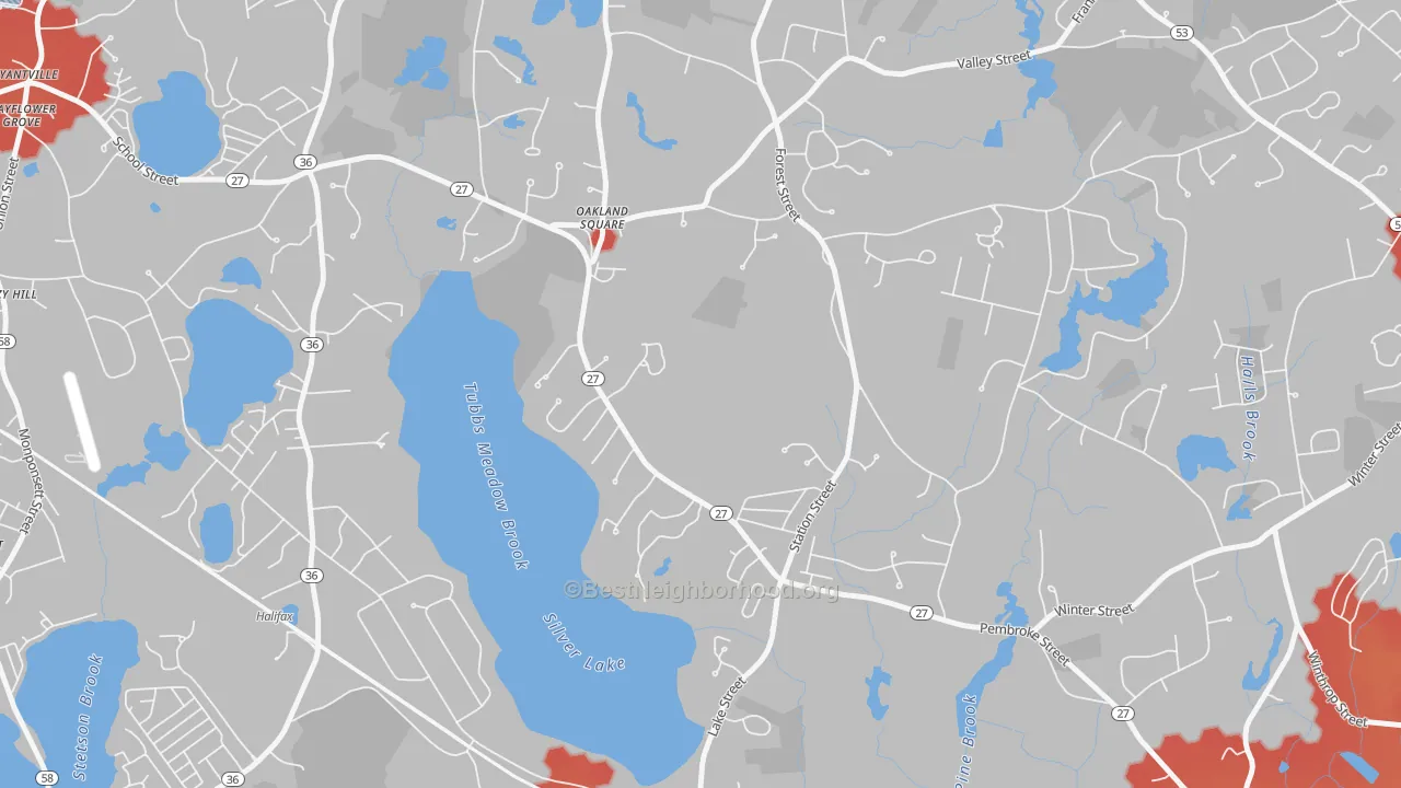 Walk Grade map of Silver Lake, MA, walkable areas in green and car-dependent areas in red