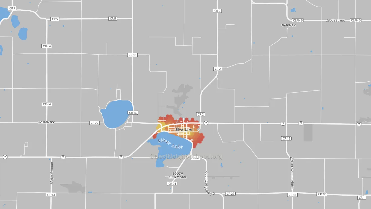 Walk Grade map of Silver Lake, MN, walkable areas in green and car-dependent areas in red