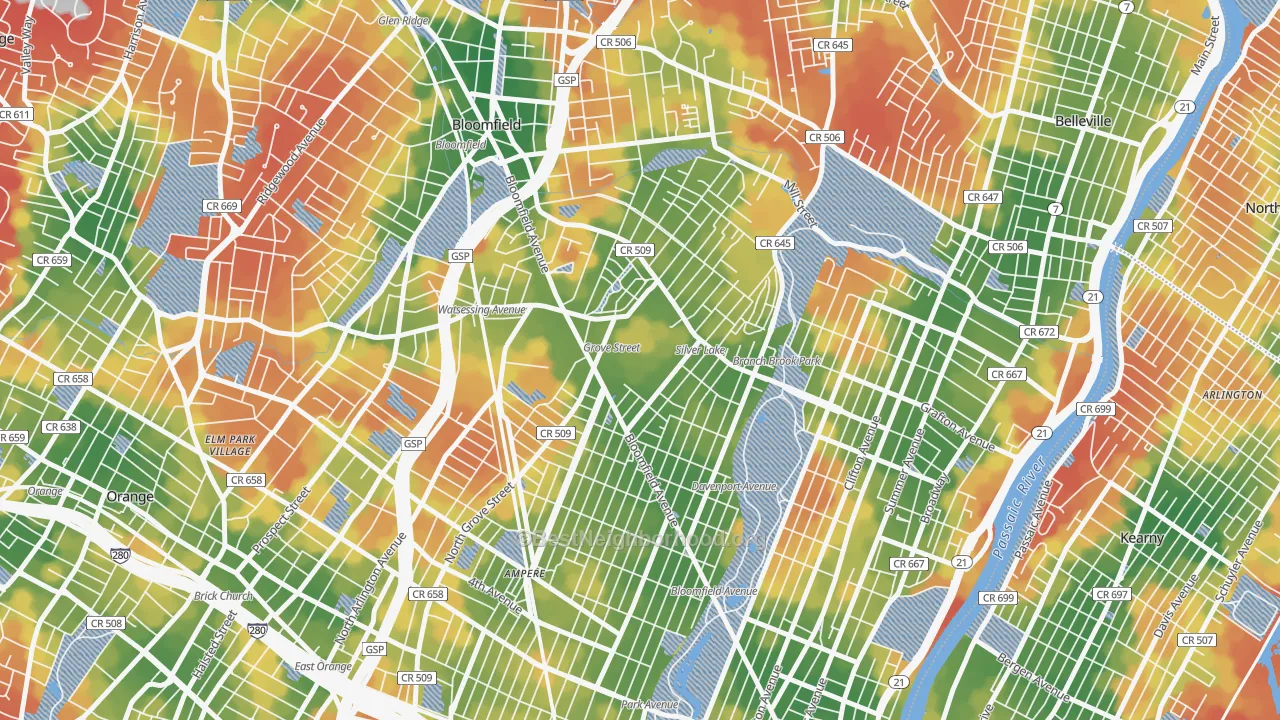 Walk Grade map of Silver Lake, NJ, walkable areas in green and car-dependent areas in red