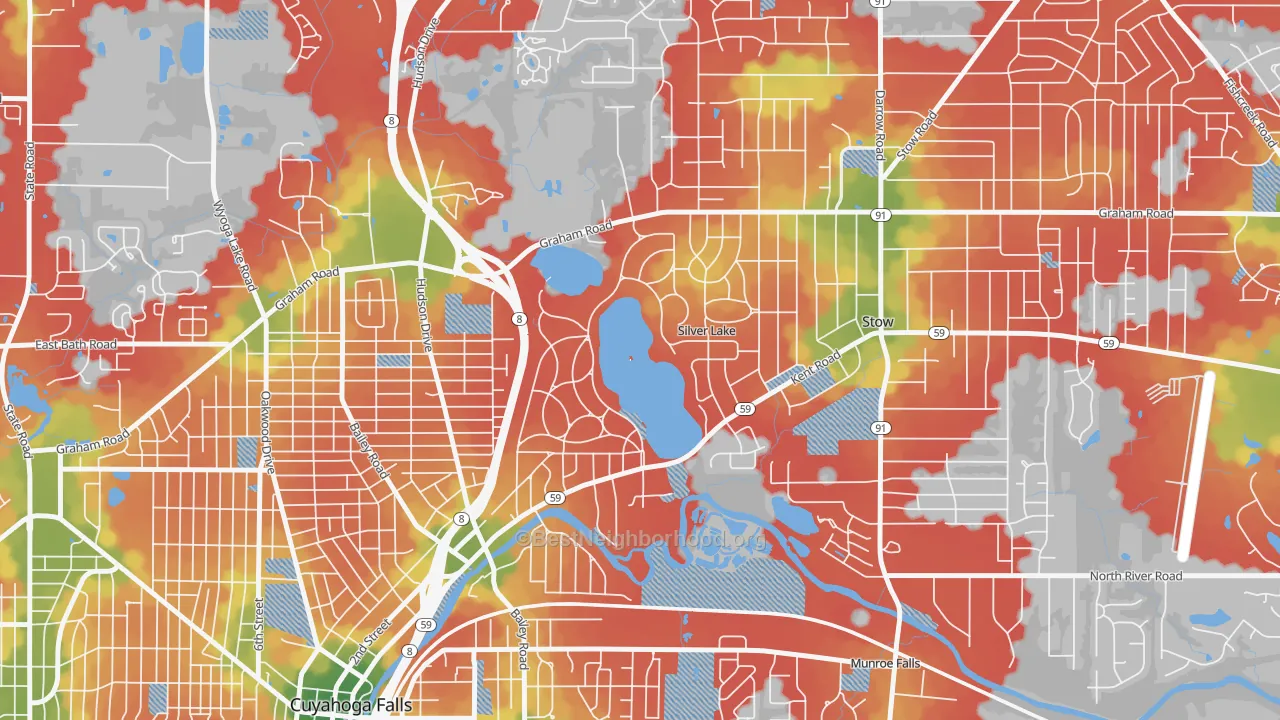 Walk Grade map of Silver Lake, OH, walkable areas in green and car-dependent areas in red