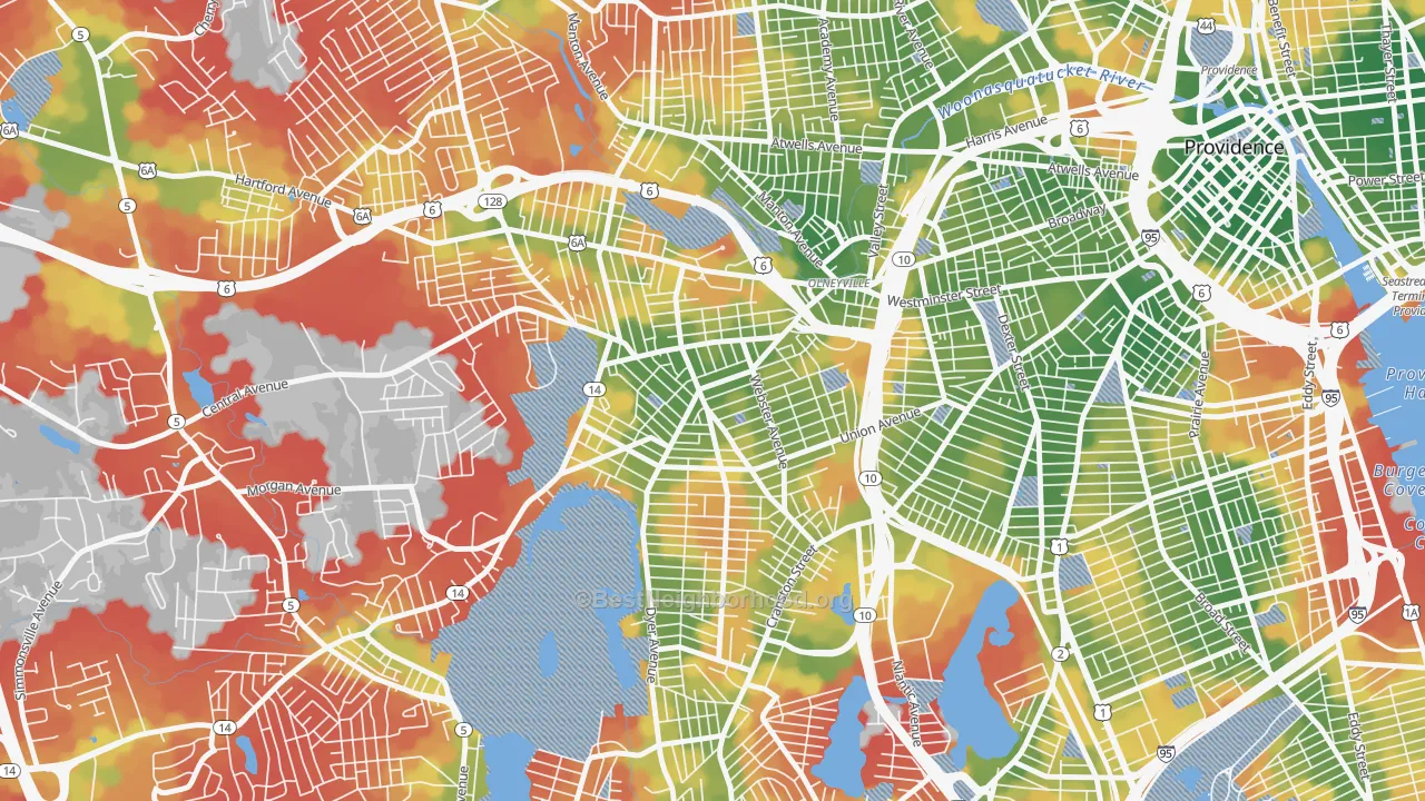 Walk Grade map of Silver Lake, Providence, RI, walkable areas in green and car-dependent areas in red