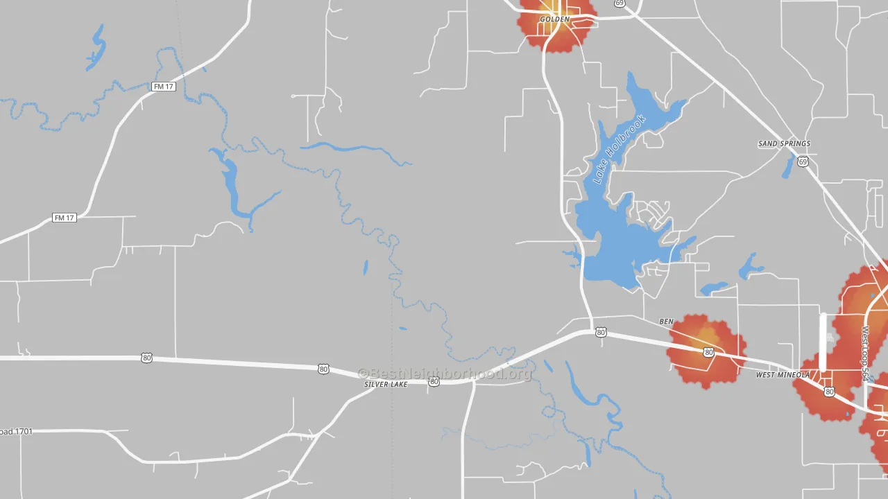 Walk Grade map of Silver Lake, TX, walkable areas in green and car-dependent areas in red
