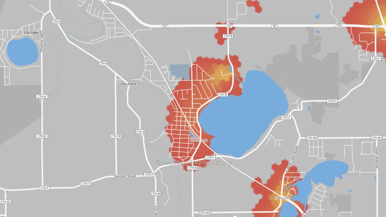 Walk Grade map of Silver Lake, WI, walkable areas in green and car-dependent areas in red
