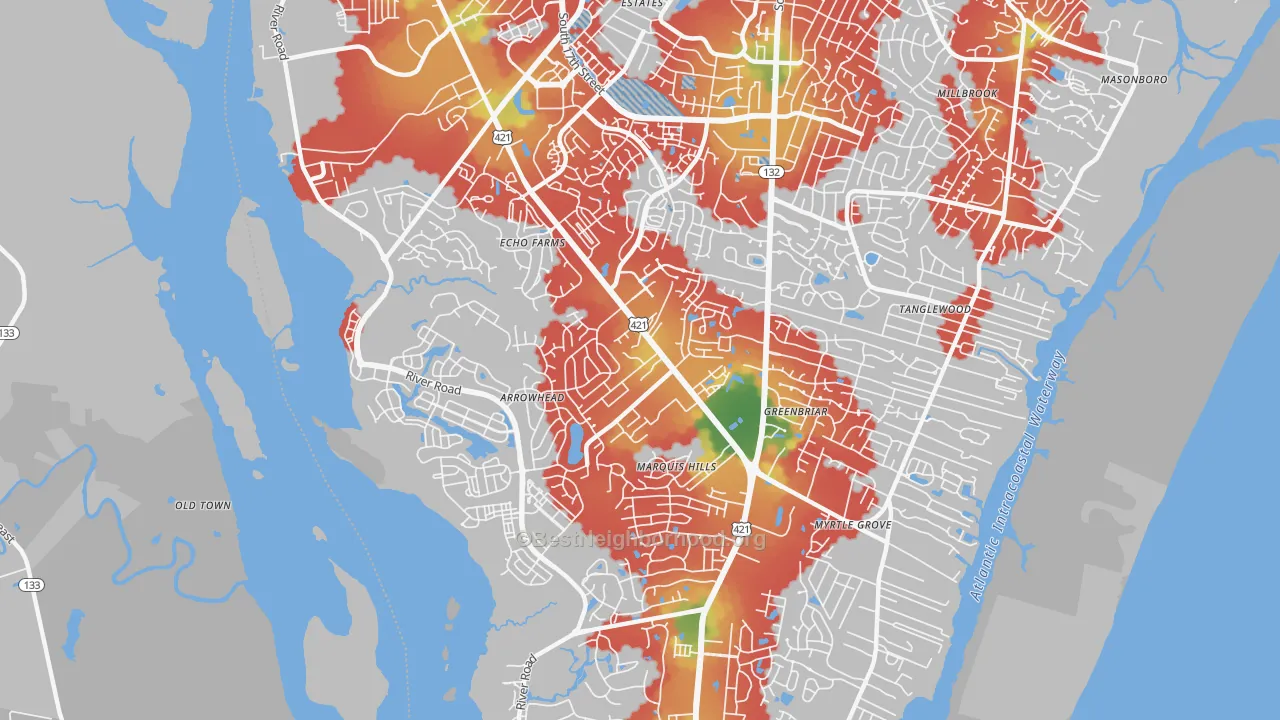 Walk Grade map of Silver Lake, Wilmington, NC, walkable areas in green and car-dependent areas in red