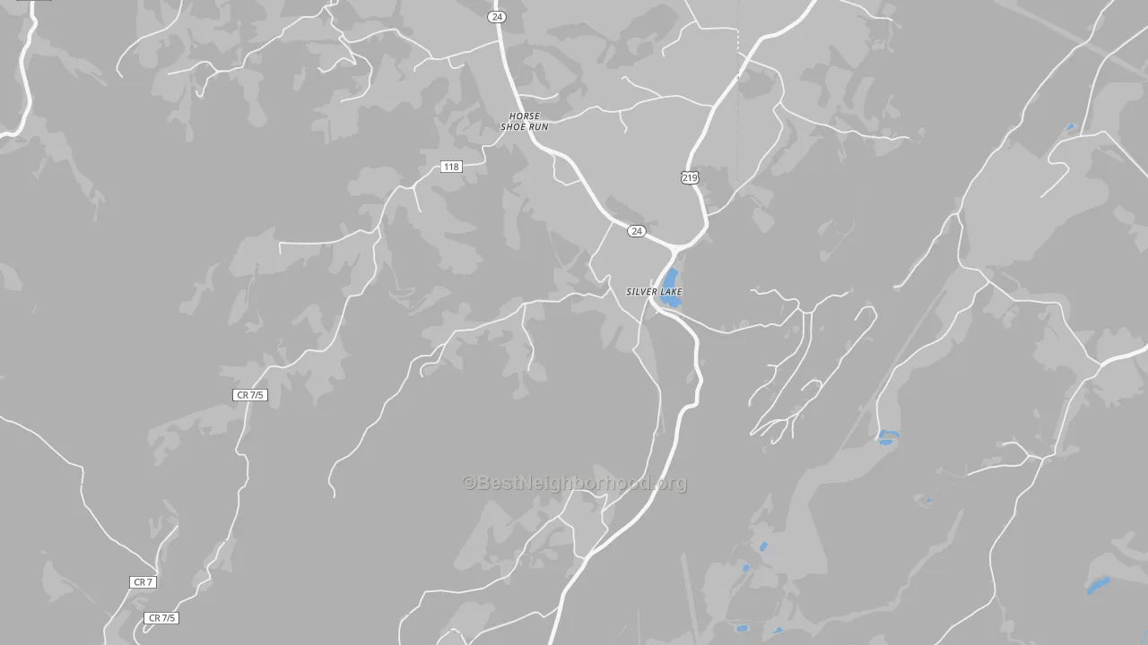 Walk Grade map of Silver Lake, WV, walkable areas in green and car-dependent areas in red