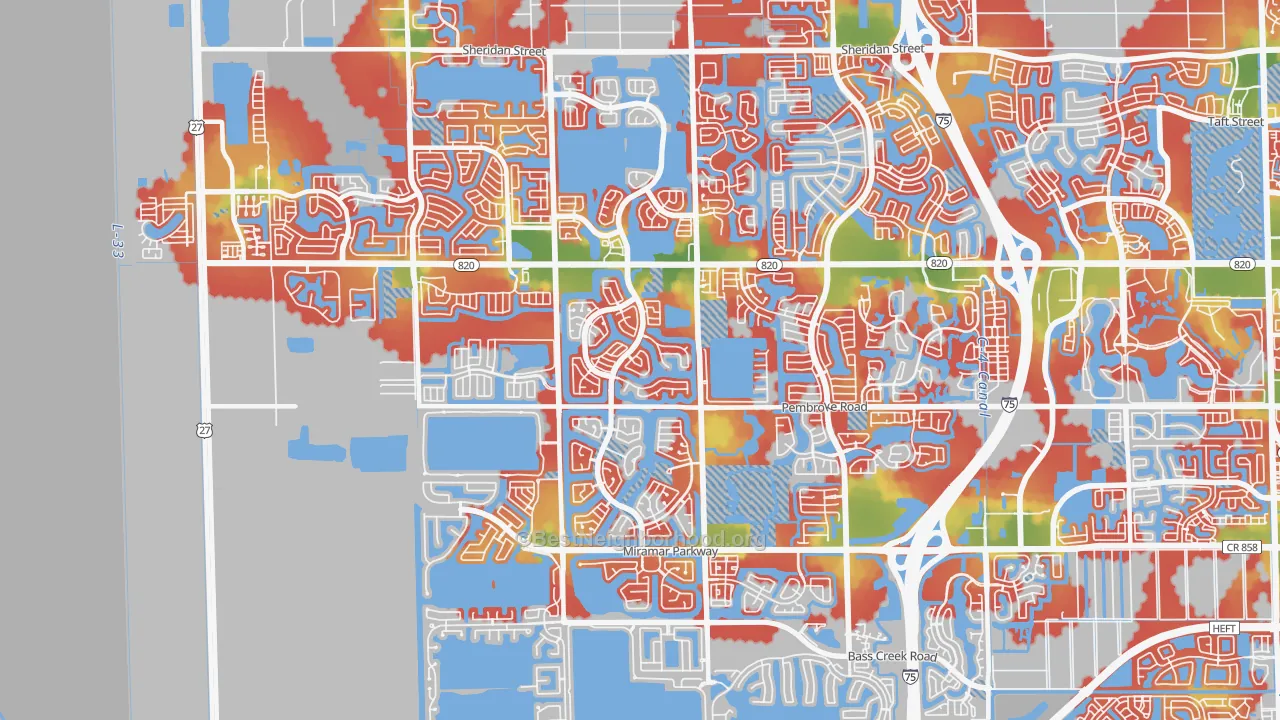 Walk Grade map of Silver Lakes, Pembroke Pines, FL, walkable areas in green and car-dependent areas in red