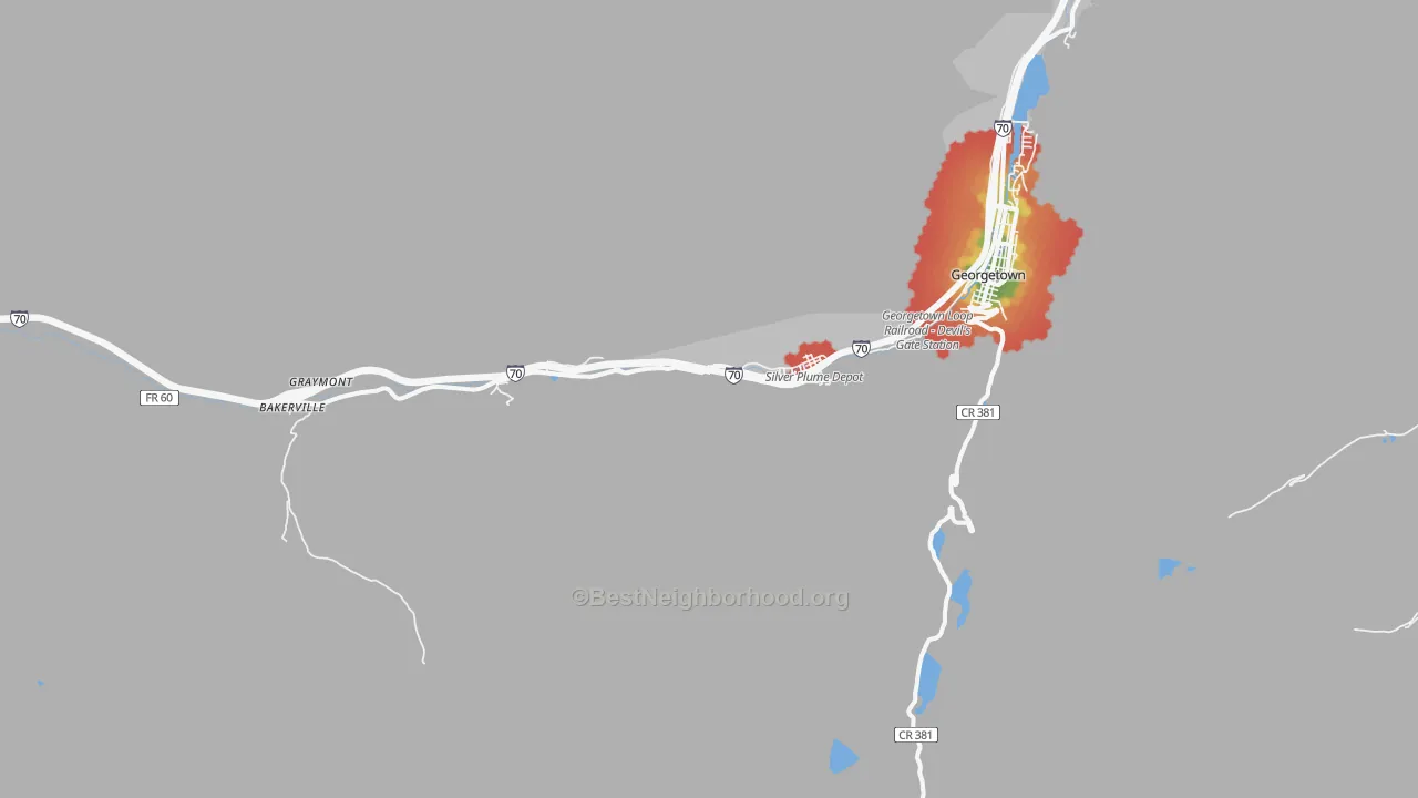 Walk Grade map of Silver Plume, CO, walkable areas in green and car-dependent areas in red
