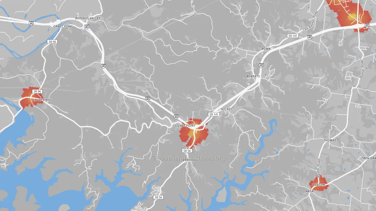 Walk Grade map of Silver Point, TN, walkable areas in green and car-dependent areas in red