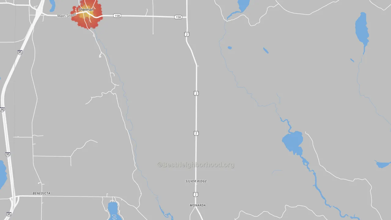 Walk Grade map of Silver Ridge, ME, walkable areas in green and car-dependent areas in red