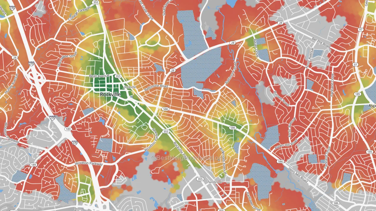 Walk Grade map of Silver Rock, Rockville, MD, walkable areas in green and car-dependent areas in red
