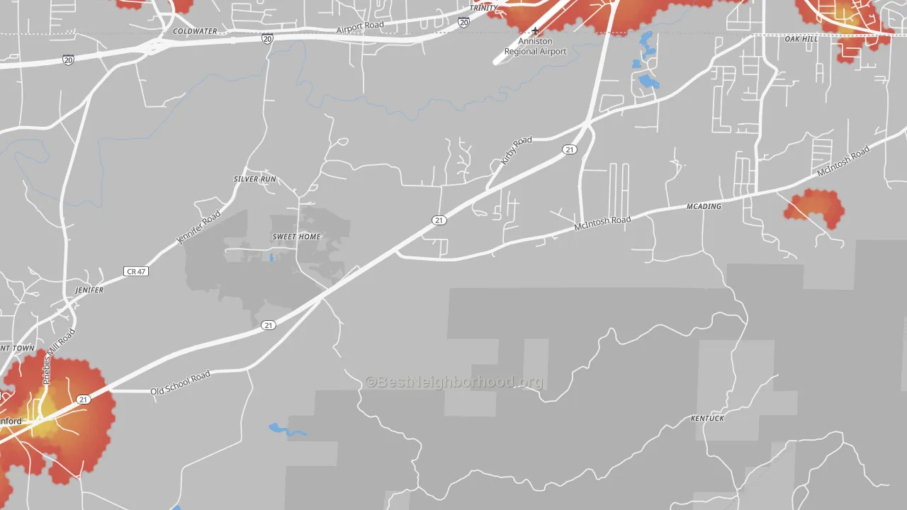 Walk Grade map of Silver Run, AL, walkable areas in green and car-dependent areas in red