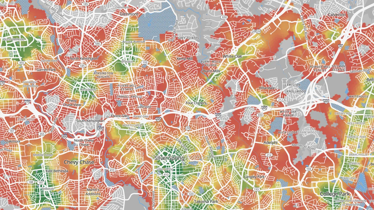 Walk Grade map of Silver Spring, MD, walkable areas in green and car-dependent areas in red
