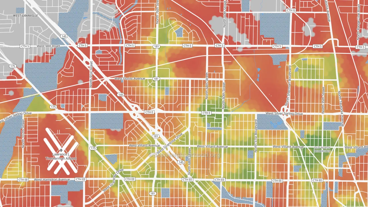Walk Grade map of Silver Spring, Milwaukee, WI, walkable areas in green and car-dependent areas in red