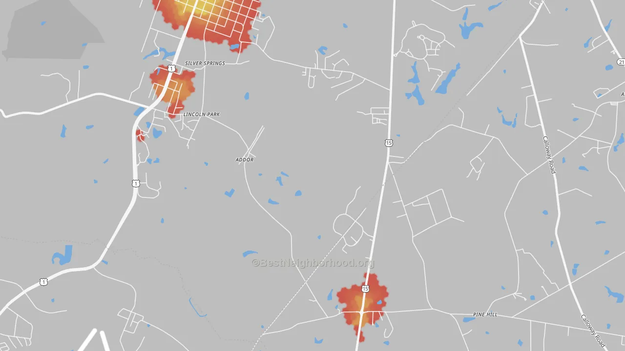 Walk Grade map of Silver Spring, NC, walkable areas in green and car-dependent areas in red