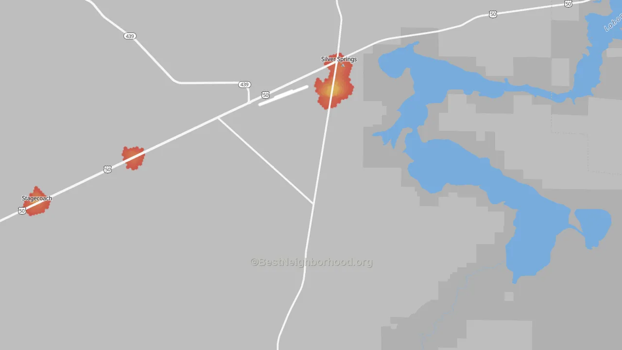 Walk Grade map of Silver Springs, NV, walkable areas in green and car-dependent areas in red