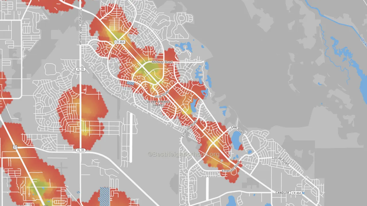 Walk Grade map of Silver Springs Shores, FL, walkable areas in green and car-dependent areas in red