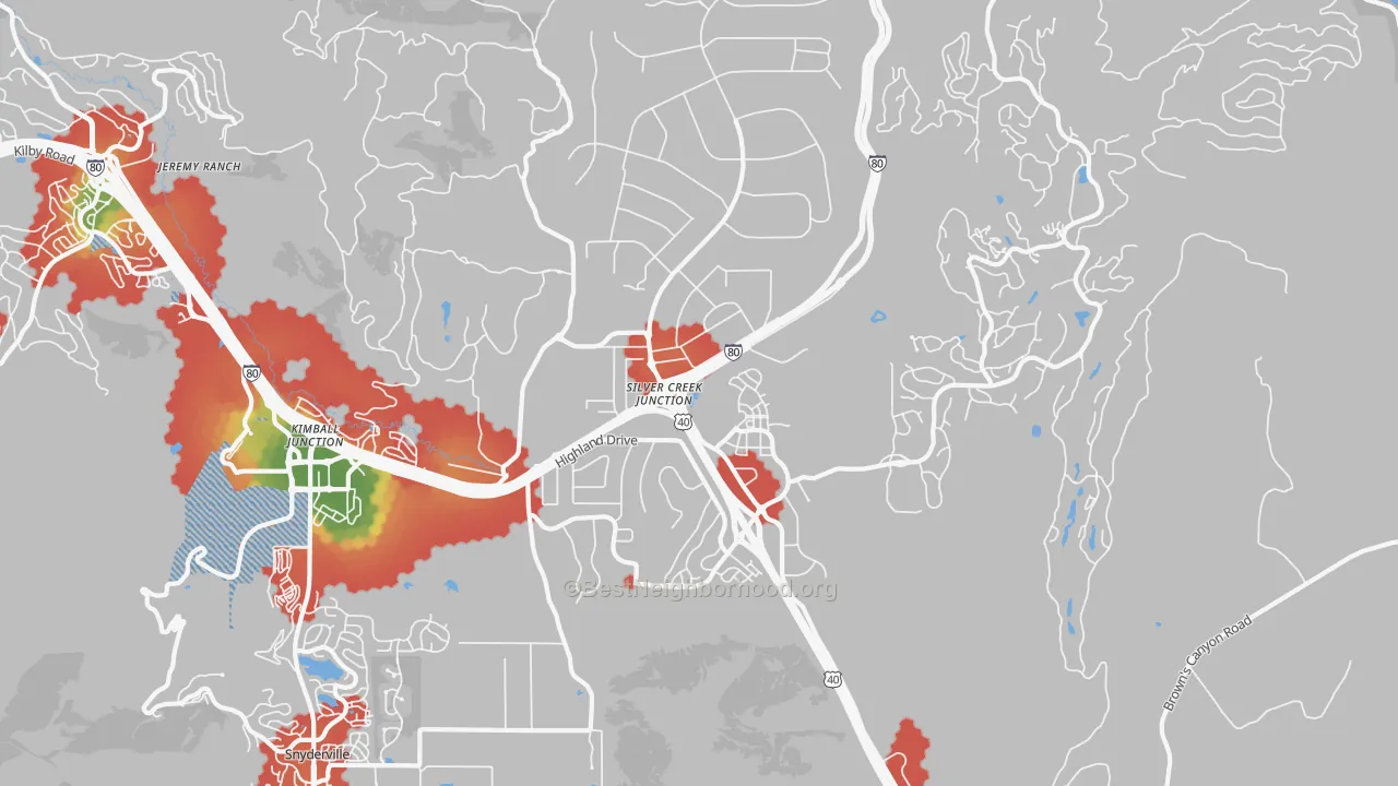 Walk Grade map of Silver Summit, UT, walkable areas in green and car-dependent areas in red