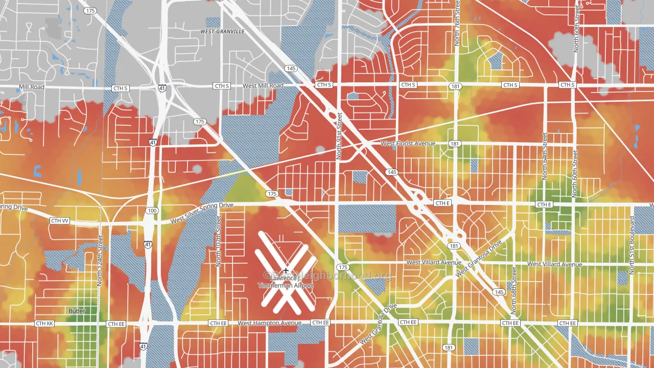 Walk Grade map of Silver Swan, Milwaukee, WI, walkable areas in green and car-dependent areas in red