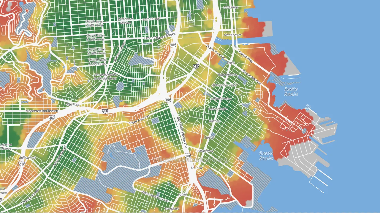 Walk Grade map of Silver Terrace, San Francisco, CA, walkable areas in green and car-dependent areas in red