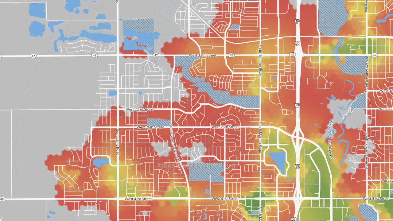 Walk Grade map of Silver Valley Addition, Sioux Falls, SD, walkable areas in green and car-dependent areas in red