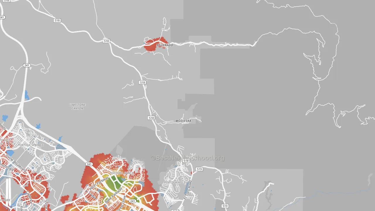 Walk Grade map of Silverado, CA, walkable areas in green and car-dependent areas in red