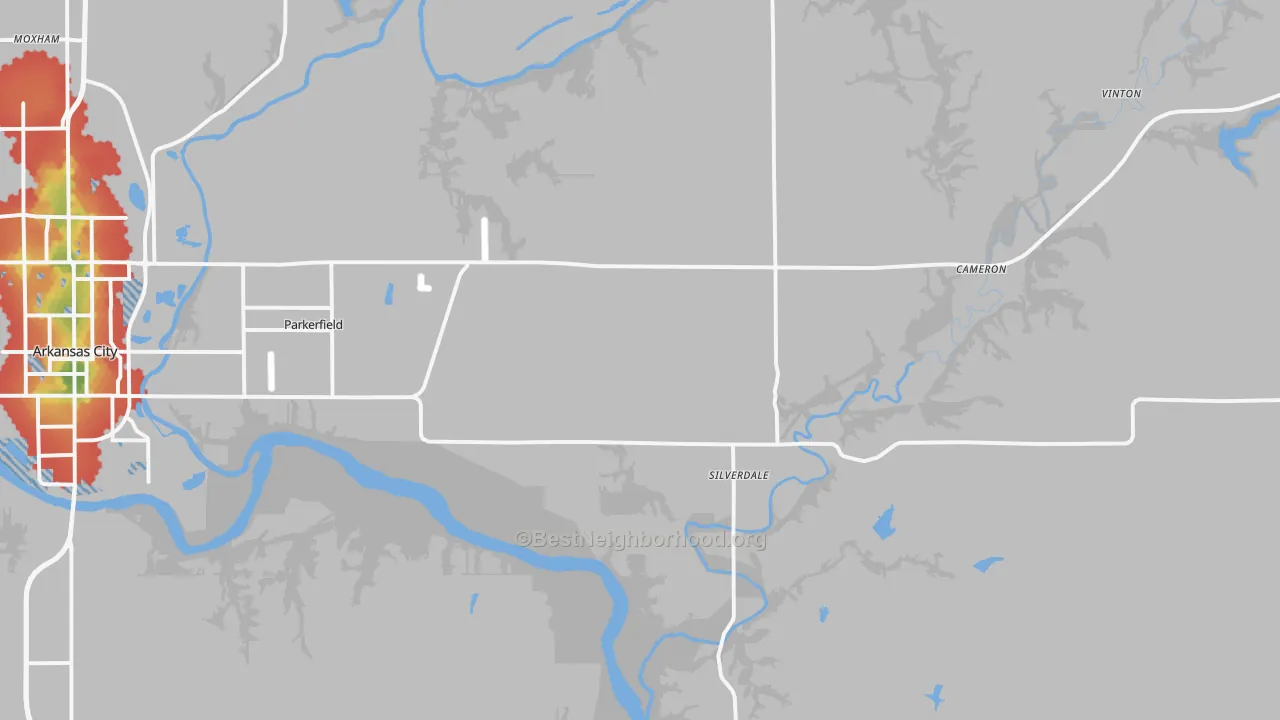 Walk Grade map of Silverdale, KS, walkable areas in green and car-dependent areas in red