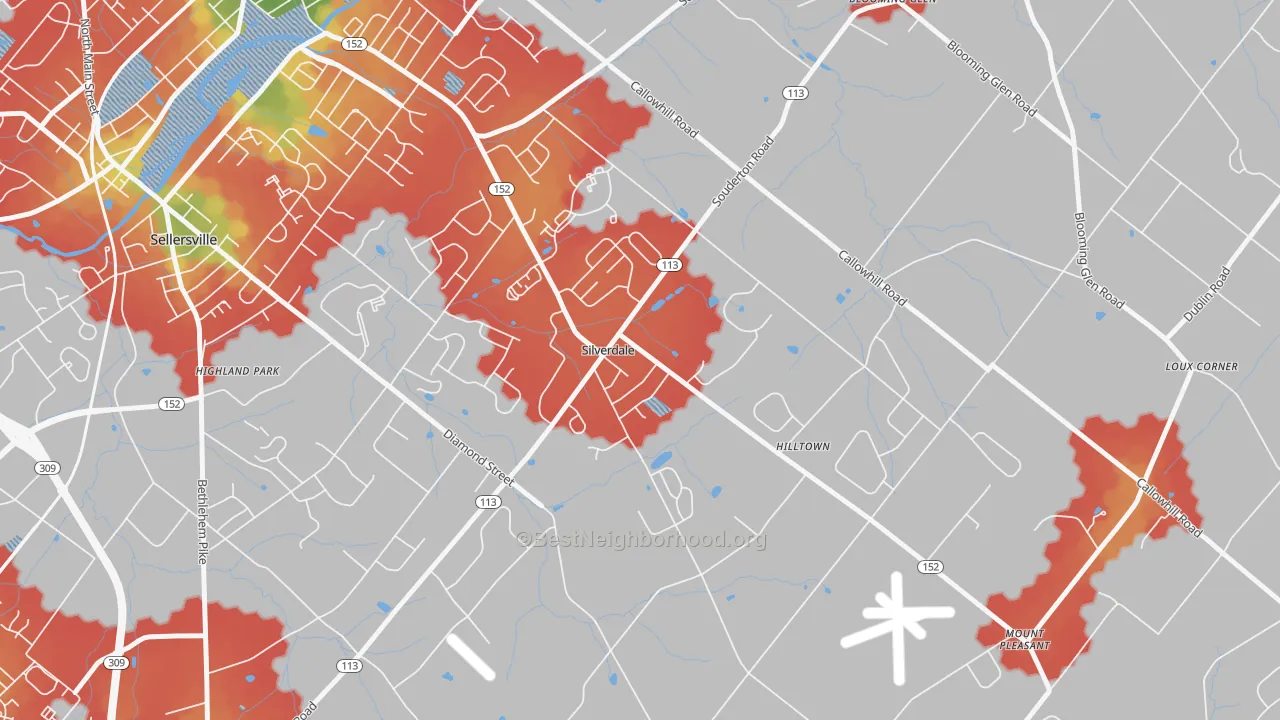 Walk Grade map of Silverdale, PA, walkable areas in green and car-dependent areas in red