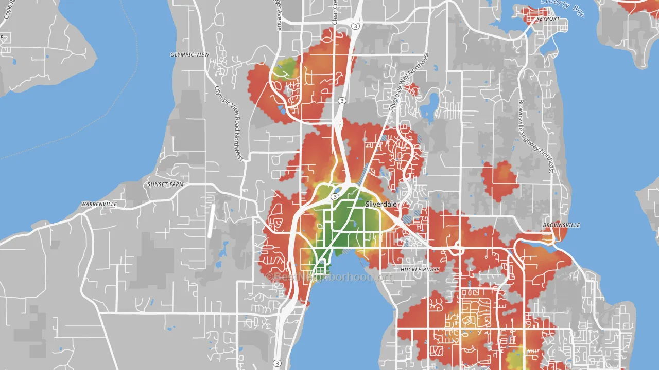 Walk Grade map of Silverdale, WA, walkable areas in green and car-dependent areas in red