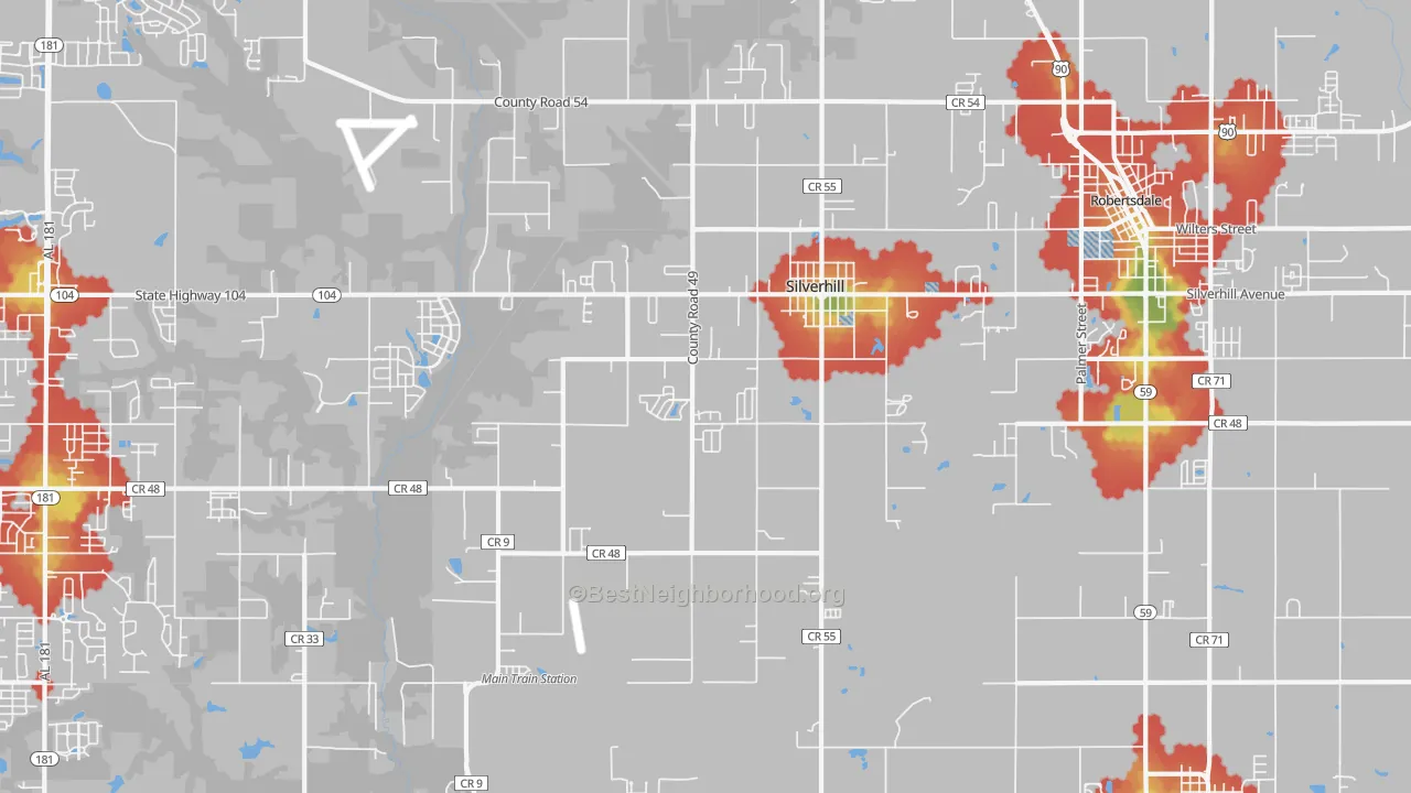 Walk Grade map of Silverhill, AL, walkable areas in green and car-dependent areas in red