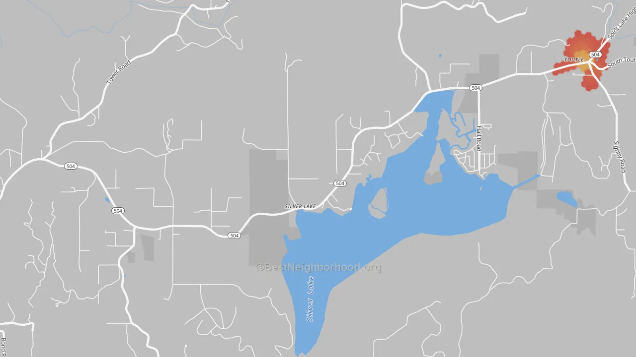 Walk Grade map of Silverlake, WA, walkable areas in green and car-dependent areas in red