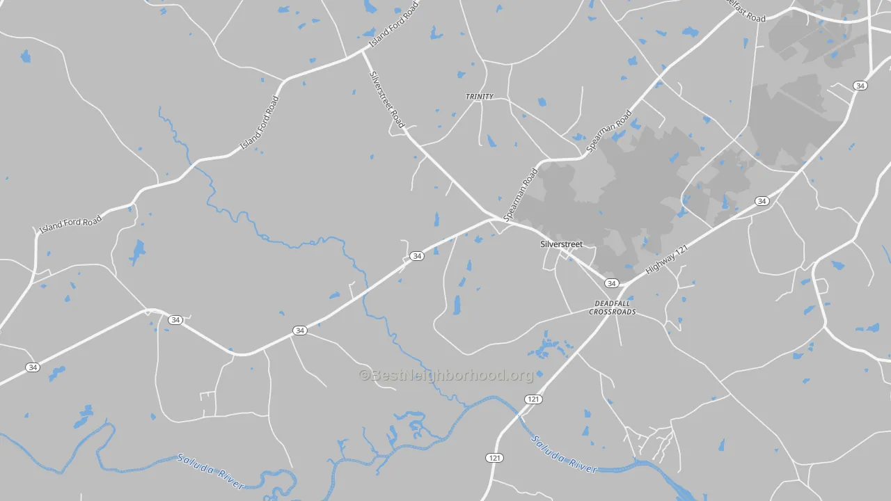Walk Grade map of Silverstreet, SC, walkable areas in green and car-dependent areas in red
