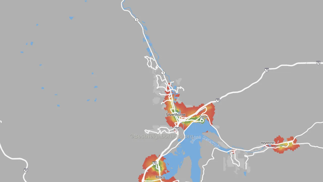 Walk Grade map of Silverthorne, CO, walkable areas in green and car-dependent areas in red