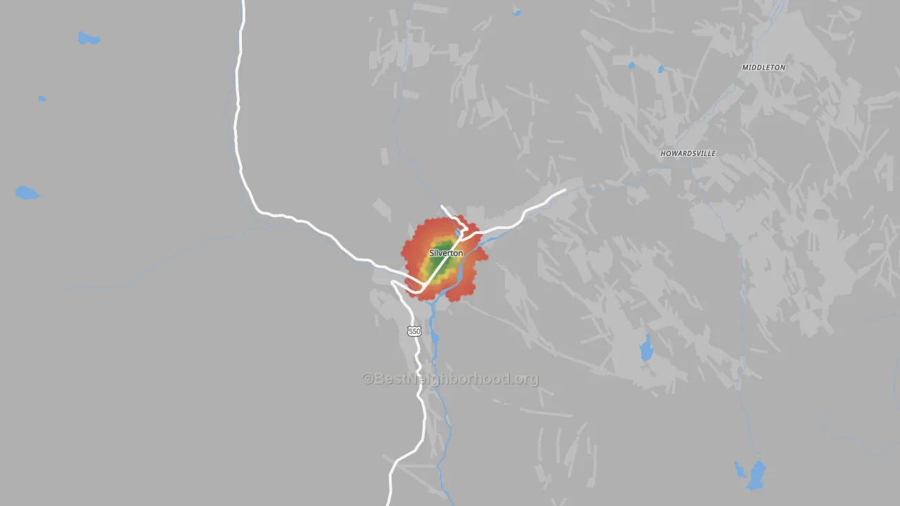 Walk Grade map of Silverton, CO, walkable areas in green and car-dependent areas in red