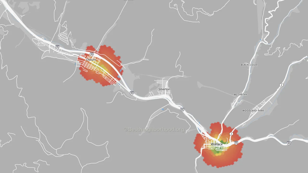 Walk Grade map of Silverton, ID, walkable areas in green and car-dependent areas in red