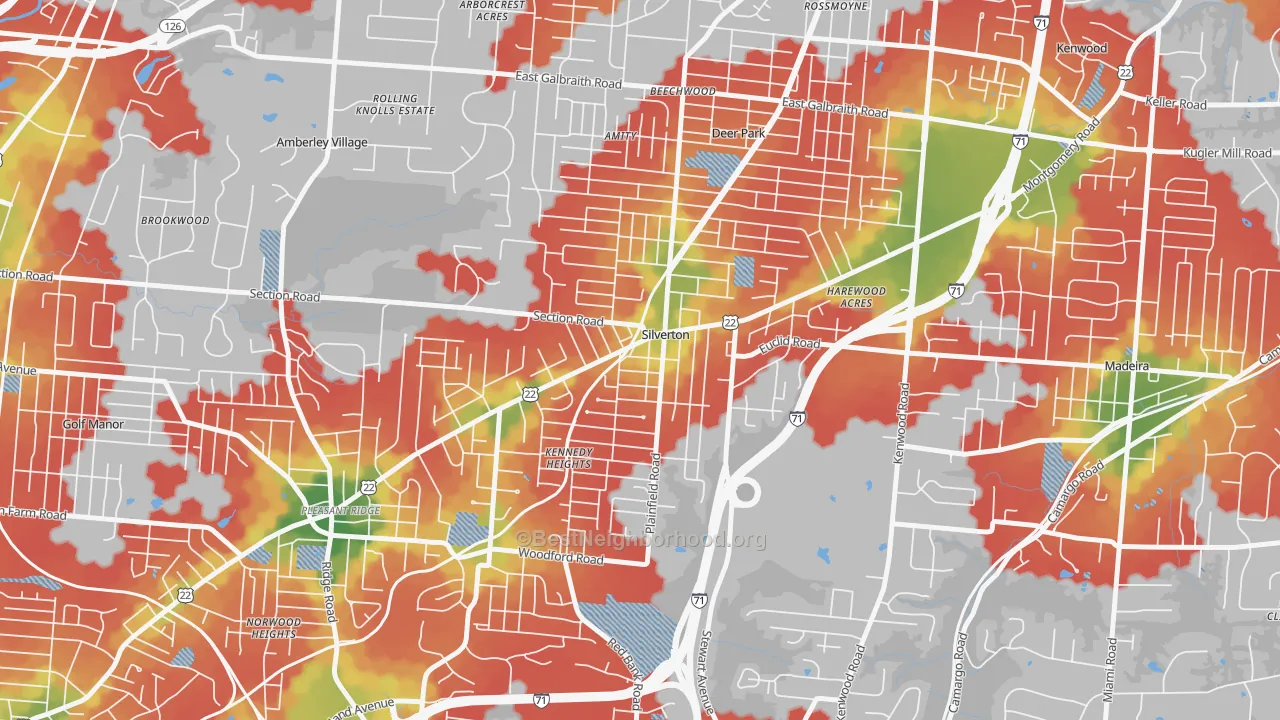 Walk Grade map of Silverton, OH, walkable areas in green and car-dependent areas in red