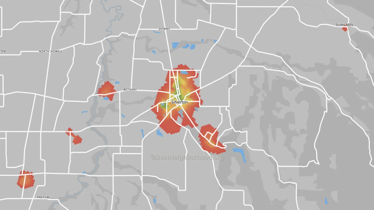 Walk Grade map of Silverton, OR, walkable areas in green and car-dependent areas in red