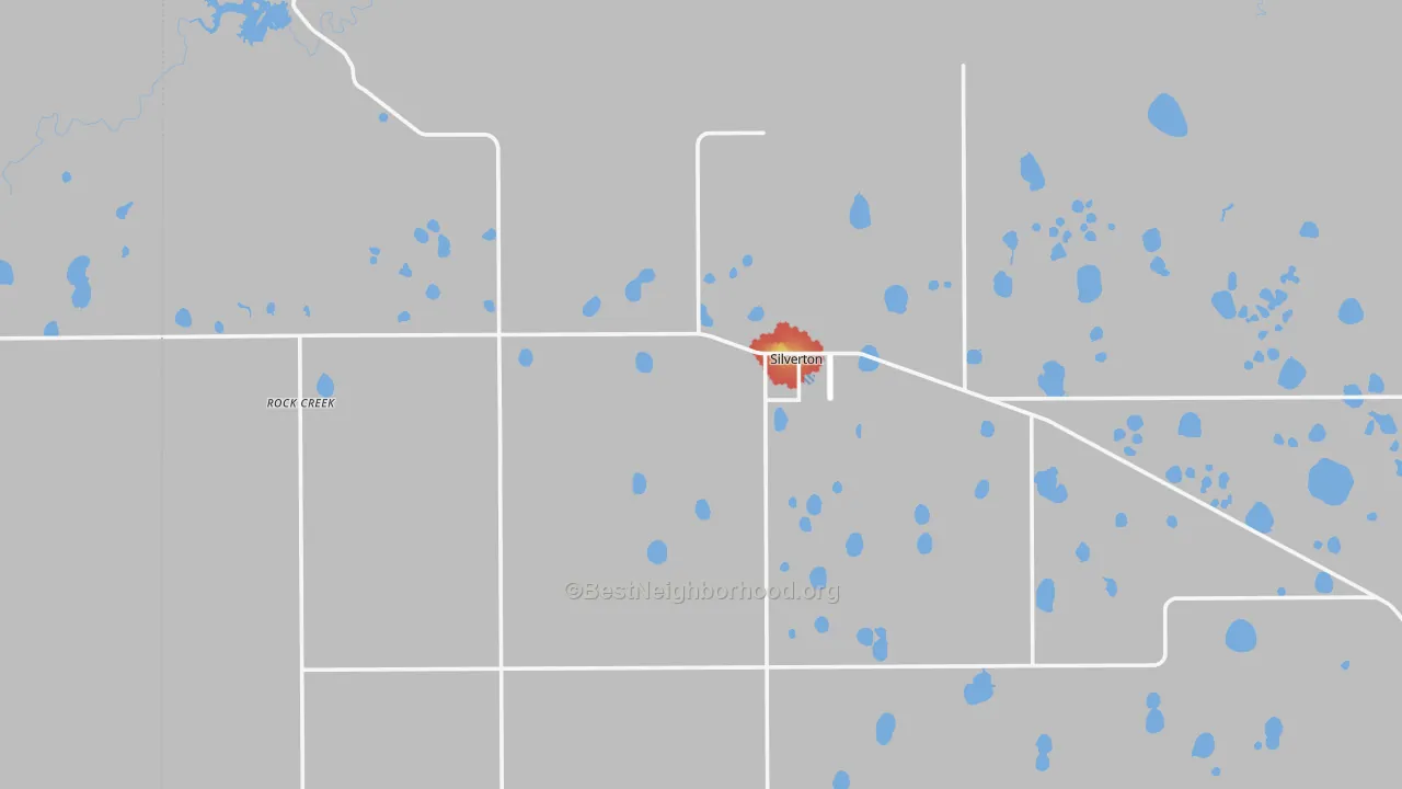 Walk Grade map of Silverton, TX, walkable areas in green and car-dependent areas in red