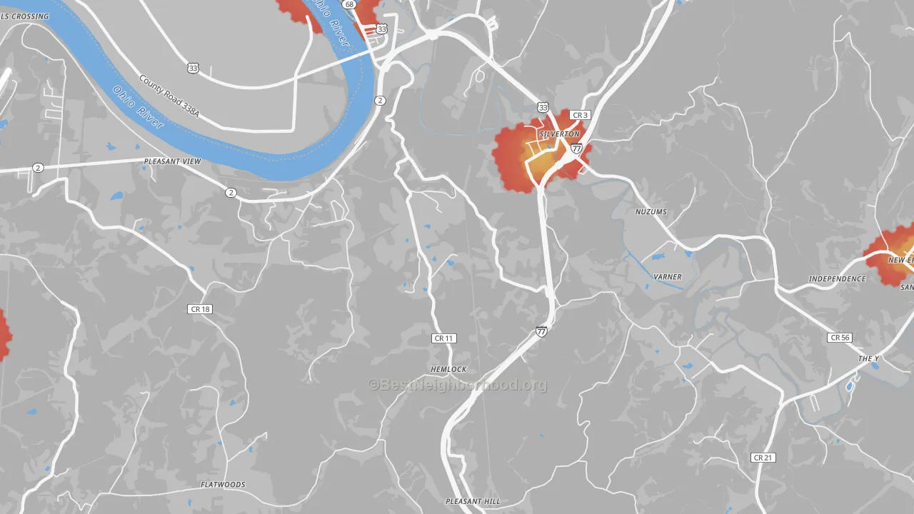 Walk Grade map of Silverton, WV, walkable areas in green and car-dependent areas in red