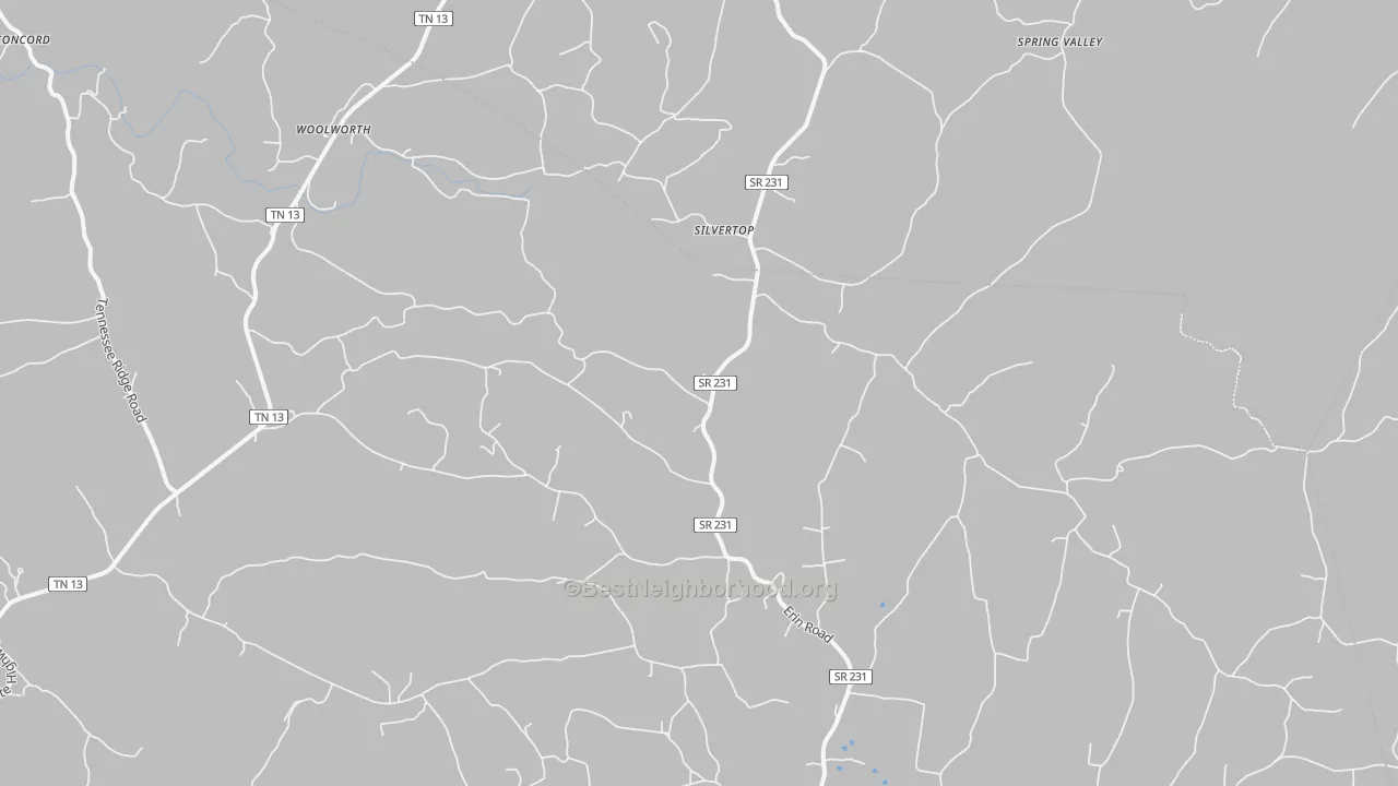 Walk Grade map of Silvertop, TN, walkable areas in green and car-dependent areas in red