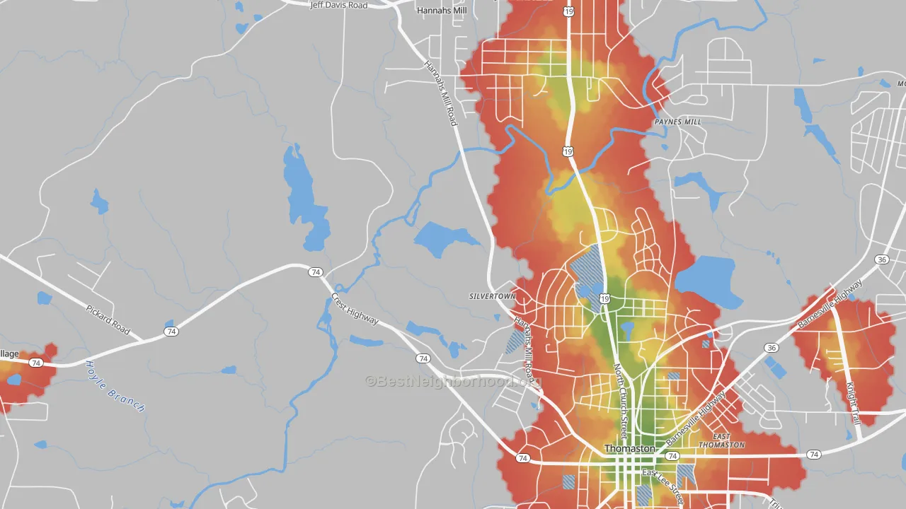 Walk Grade map of Silvertown, GA, walkable areas in green and car-dependent areas in red