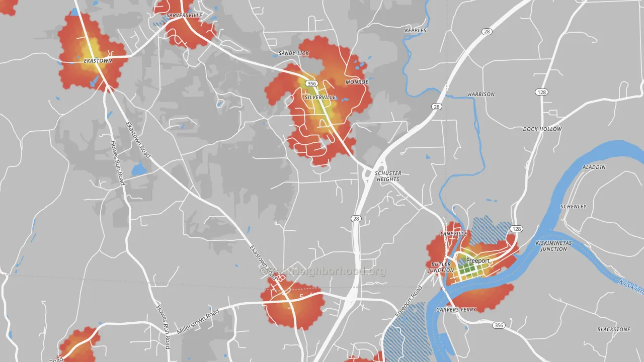 Walk Grade map of Silverville, PA, walkable areas in green and car-dependent areas in red