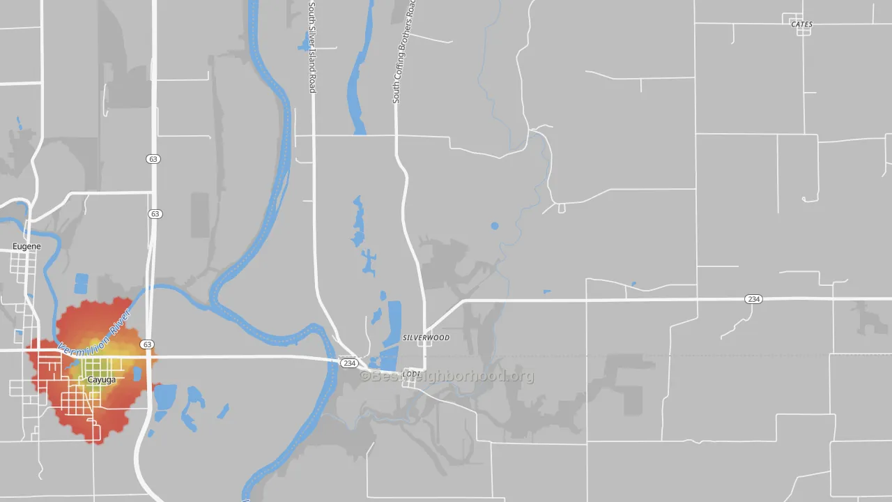 Walk Grade map of Silverwood, IN, walkable areas in green and car-dependent areas in red