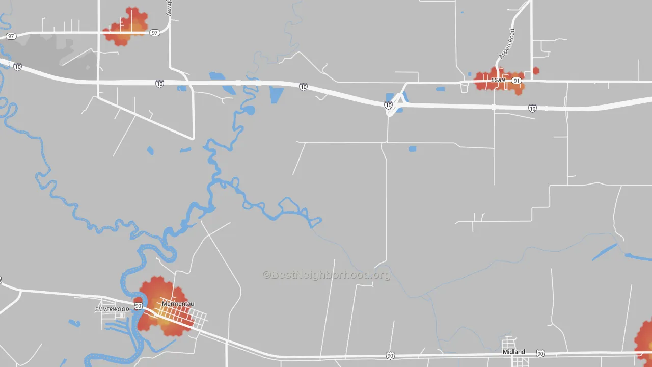 Walk Grade map of Silverwood, LA, walkable areas in green and car-dependent areas in red